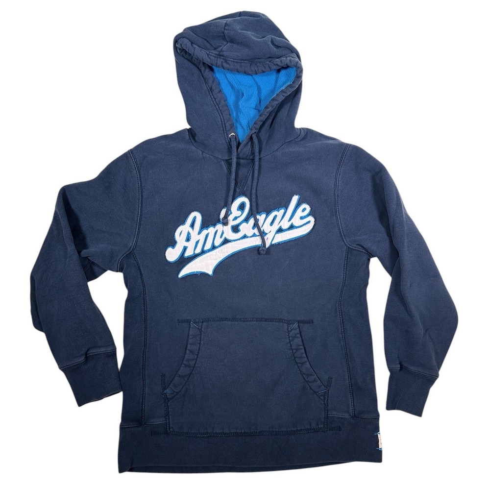 Y2K American Eagle Mens Navy Blue Varsity Logo Hoodie Distressed Graphic Size L